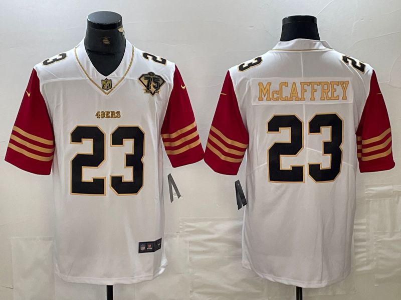Men San Francisco 49ers #23 Mccaffrey White gold Throwback 2024 Nike Vapor Limited NFL Jersey style 1->women nfl jersey->Women Jersey